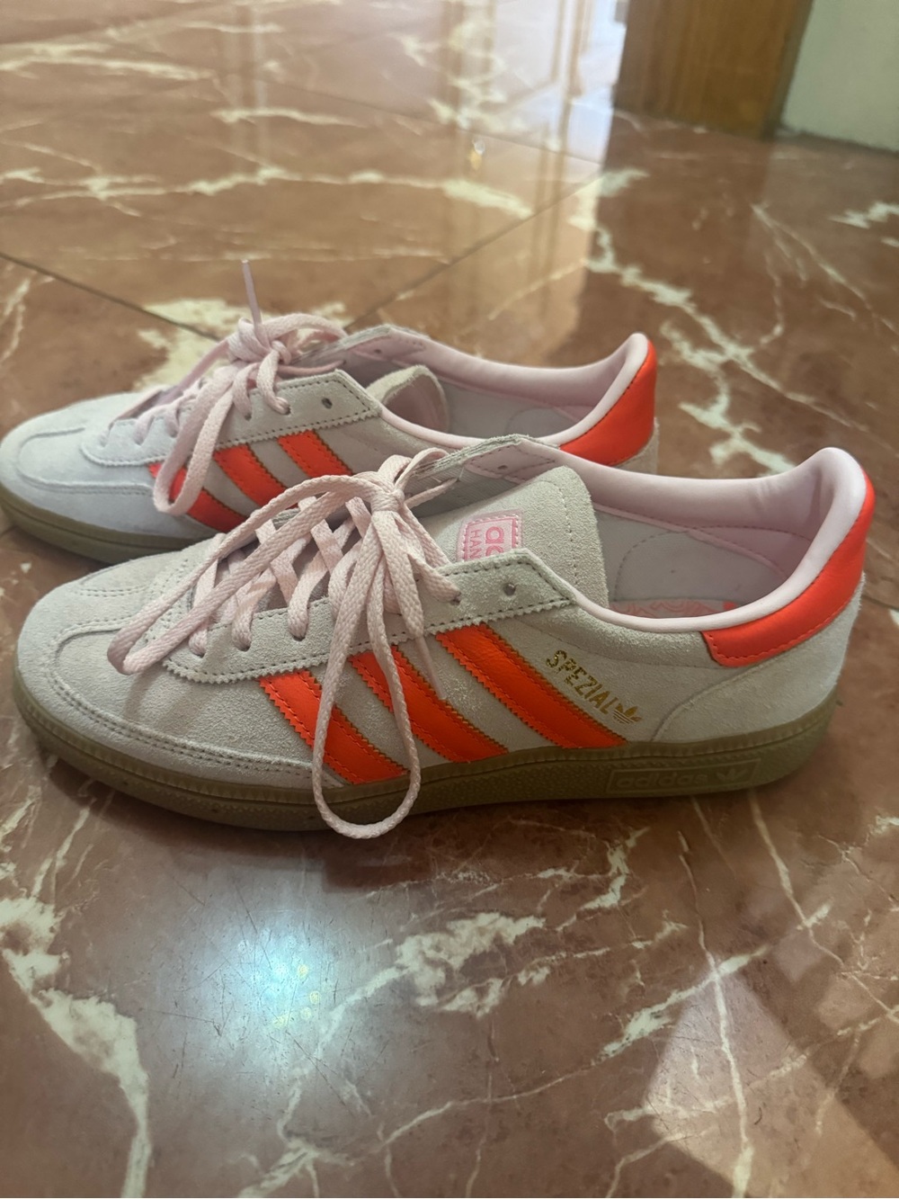adidas Spezial Suede Sneakers in Light Pink with Orange Stripes